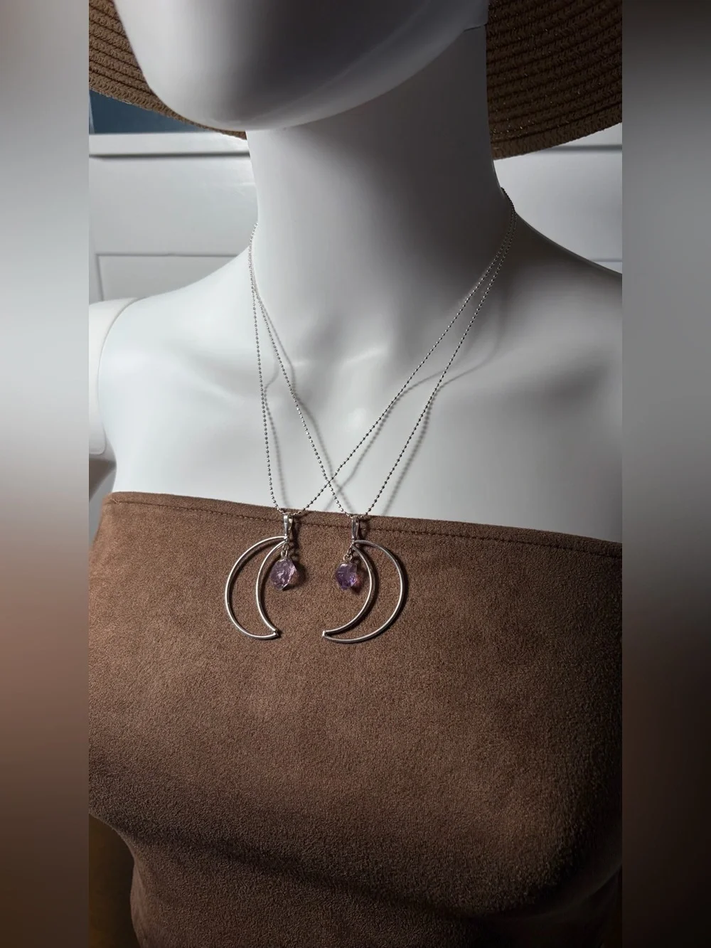 SET of Matching Silver Amethyst Drop Friendship Moons